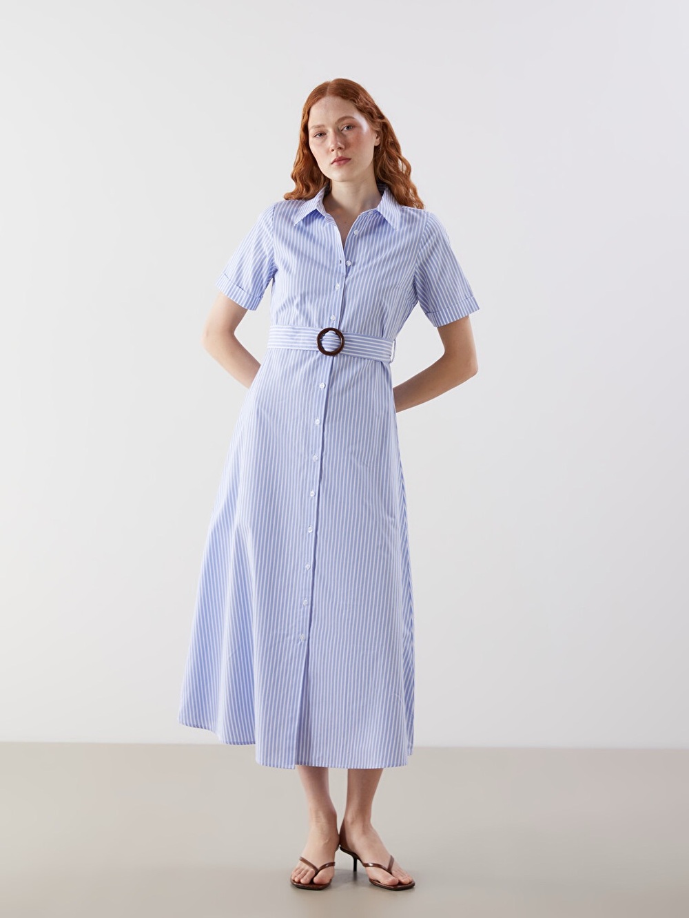 LCW Vision Striped Belted Shirt Dress